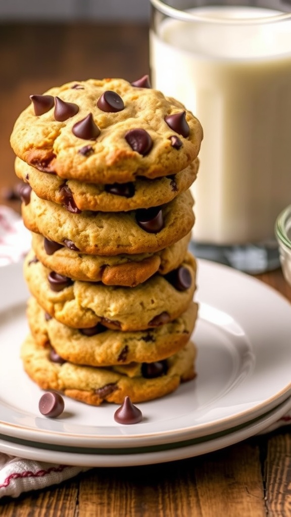 A stack of warm chocolate chip cookies on a plate with a glass of milk.